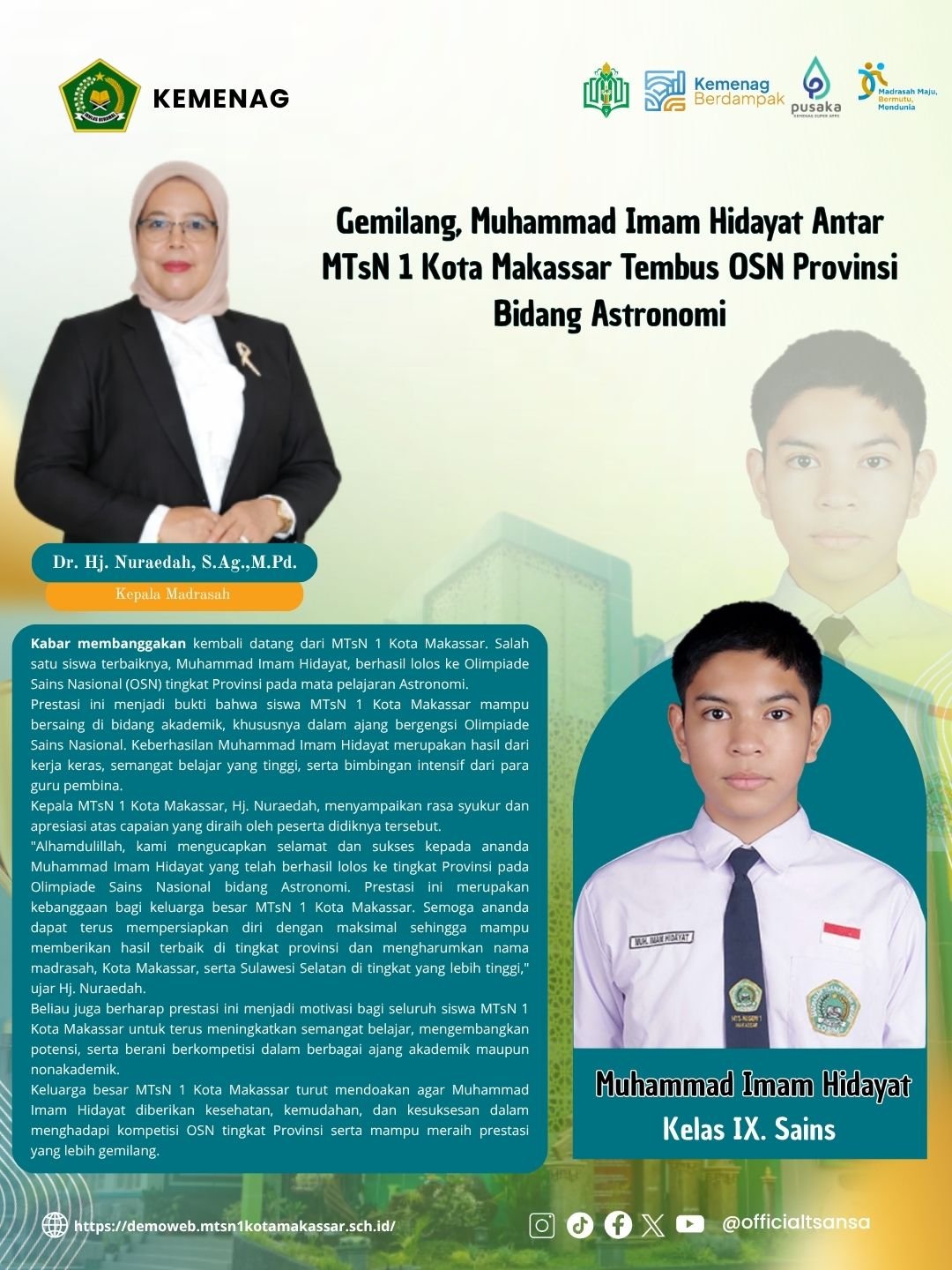 Gemilang, Muhammad Imam Hidayat Antar MTsN 1 Kota Makassar Tembus OSN Provinsi Bidang Astronomi