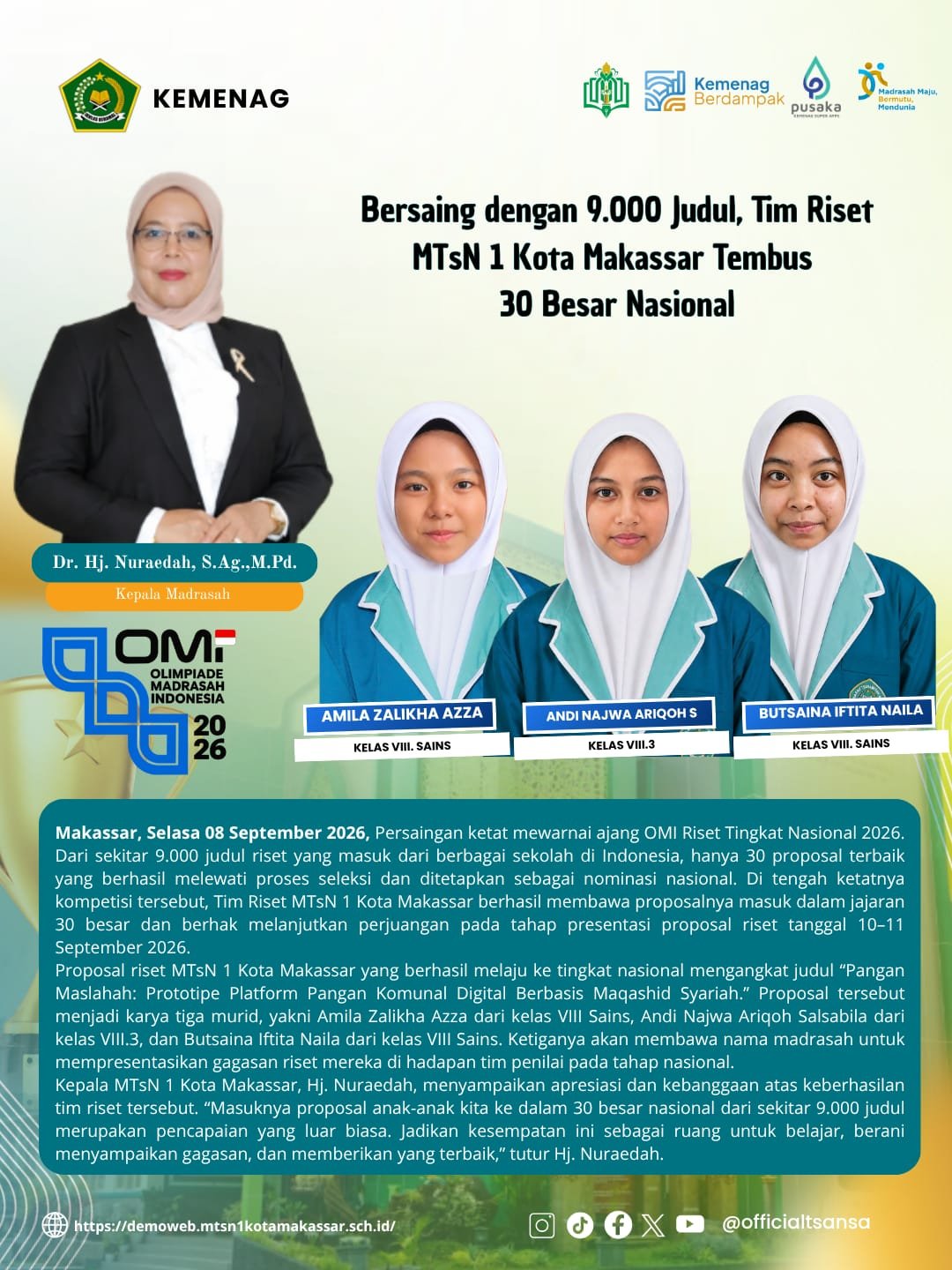 Bersaing dengan 9.130 Judul, Tim Riset MTsN 1 Kota Makassar Tembus 30 Besar Nasional
